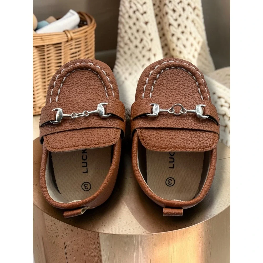 Lucky Brand Infant Boys Brown Pebbled Horsebit Loafers Crib Shoes Size 3